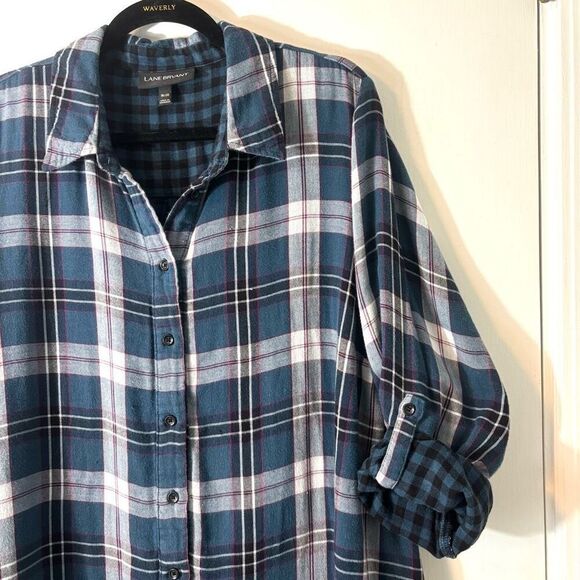 Lane Bryant 18/20 plaid double cloth button front shirt blouse roll tab long sle - Picture 2 of 11